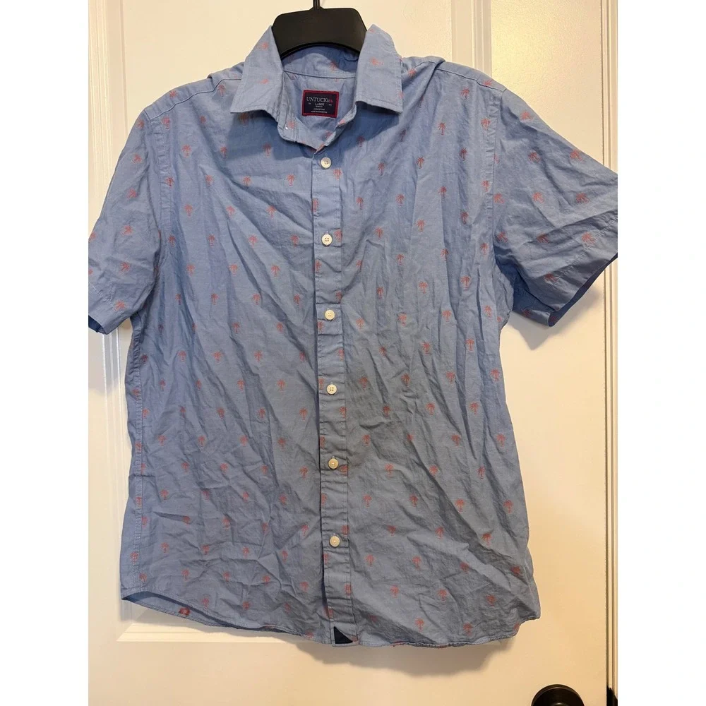 UNTUCKit Hamilton Shirt Mens Large Blue Slim Fit Excellent Palm Tree Embroidered